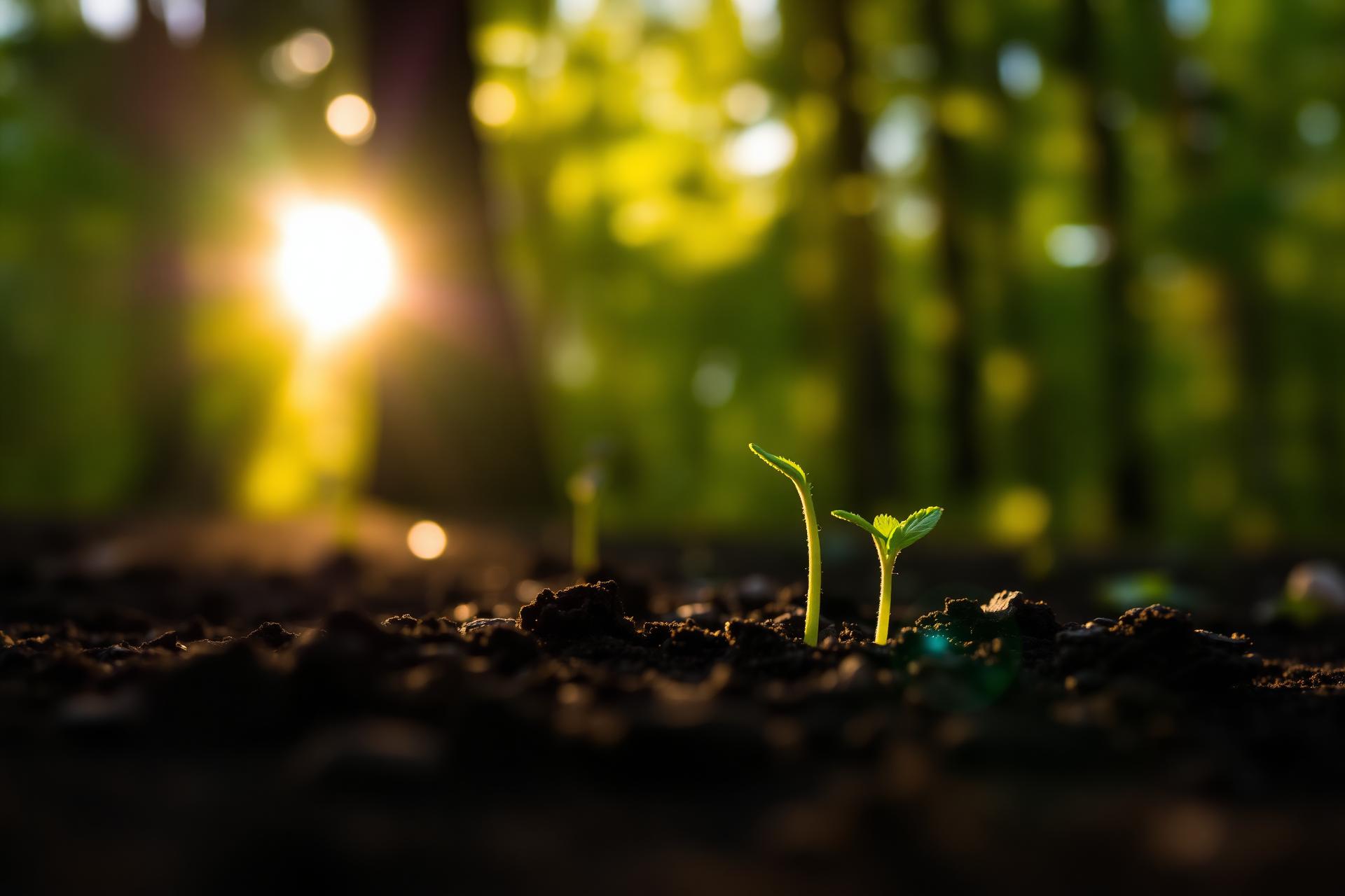 Seedling sprouting from soil at sunrise